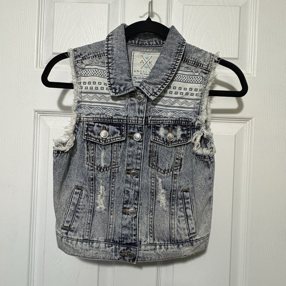 Angel Kiss Distressed Denim Vest XS Acid Wash Sleeveless Boho Festival